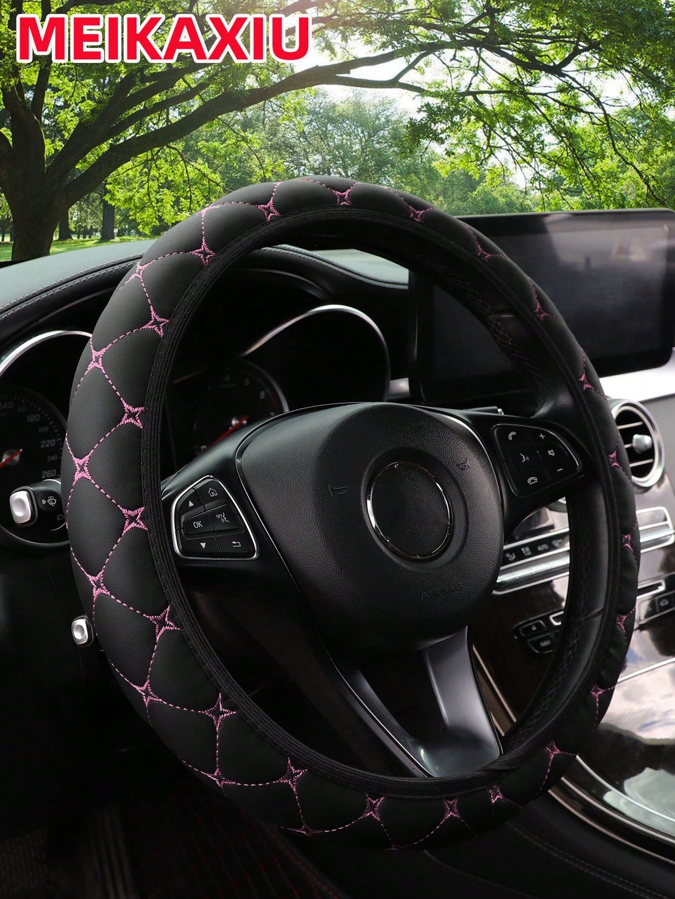 MEIKAXIU 1pc PU Leather Embroidered Soft & Comfortable Car Steering Wheel Cover, Fits 15inch, Black/Red/Blue, Unisex Car Interior Accessories