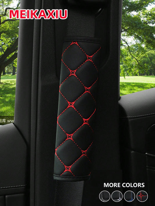 MEIKAXIU 1pc PU Leather Plaid Embroidered Car Belt Cover, Comfortable Seat Belt Shoulder Pad, Universal For Car, Truck, SUV, 4 Seasons Use For Men And Women