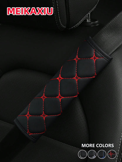 MEIKAXIU 1pc PU Leather Plaid Embroidered Car Belt Cover, Comfortable Seat Belt Shoulder Pad, Universal For Car, Truck, SUV, 4 Seasons Use For Men And Women