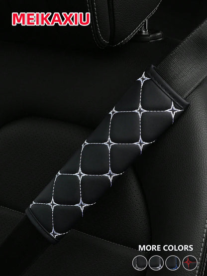 MEIKAXIU 1pc PU Leather Plaid Embroidered Car Belt Cover, Comfortable Seat Belt Shoulder Pad, Universal For Car, Truck, SUV, 4 Seasons Use For Men And Women