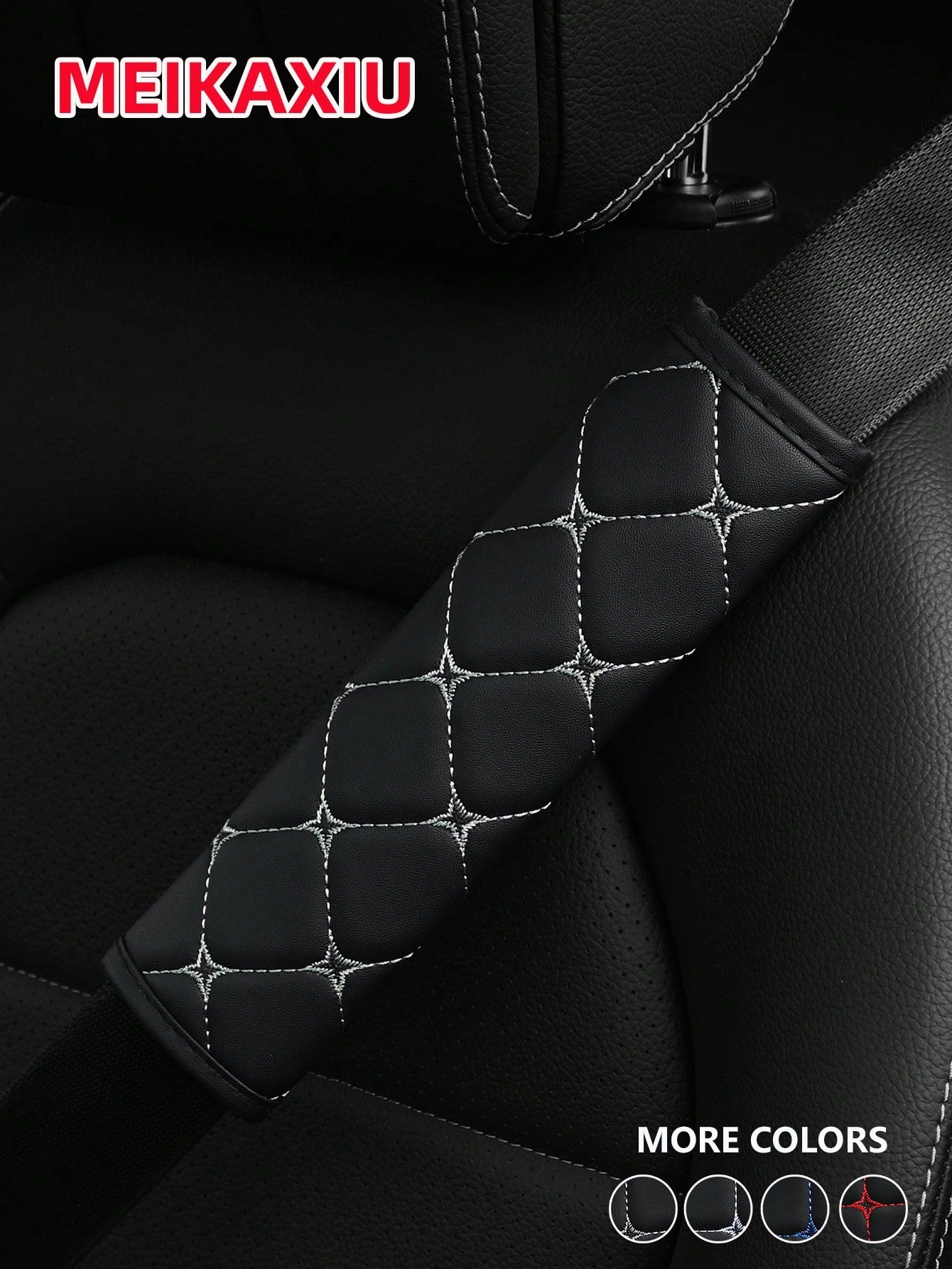 MEIKAXIU 1pc PU Leather Plaid Embroidered Car Belt Cover, Comfortable Seat Belt Shoulder Pad, Universal For Car, Truck, SUV, 4 Seasons Use For Men And Women