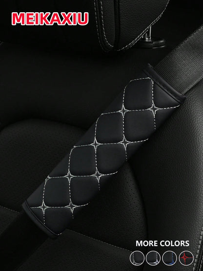 MEIKAXIU 1pc PU Leather Plaid Embroidered Car Belt Cover, Comfortable Seat Belt Shoulder Pad, Universal For Car, Truck, SUV, 4 Seasons Use For Men And Women