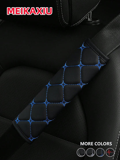 MEIKAXIU 1pc PU Leather Plaid Embroidered Car Belt Cover, Comfortable Seat Belt Shoulder Pad, Universal For Car, Truck, SUV, 4 Seasons Use For Men And Women