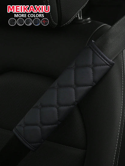 MEIKAXIU 1pc PU Leather Plaid Embroidered Car Belt Cover, Comfortable Seat Belt Shoulder Pad, Universal For Car, Truck, SUV, 4 Seasons Use For Men And Women