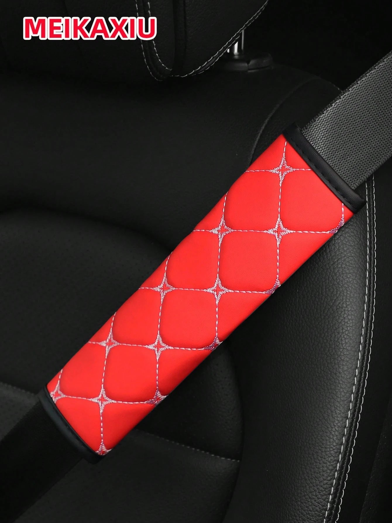 MEIKAXIU 1pc PU Leather Plaid Embroidered Car Belt Cover, Comfortable Seat Belt Shoulder Pad, Universal For Car, Truck, SUV, 4 Seasons Use For Men And Women