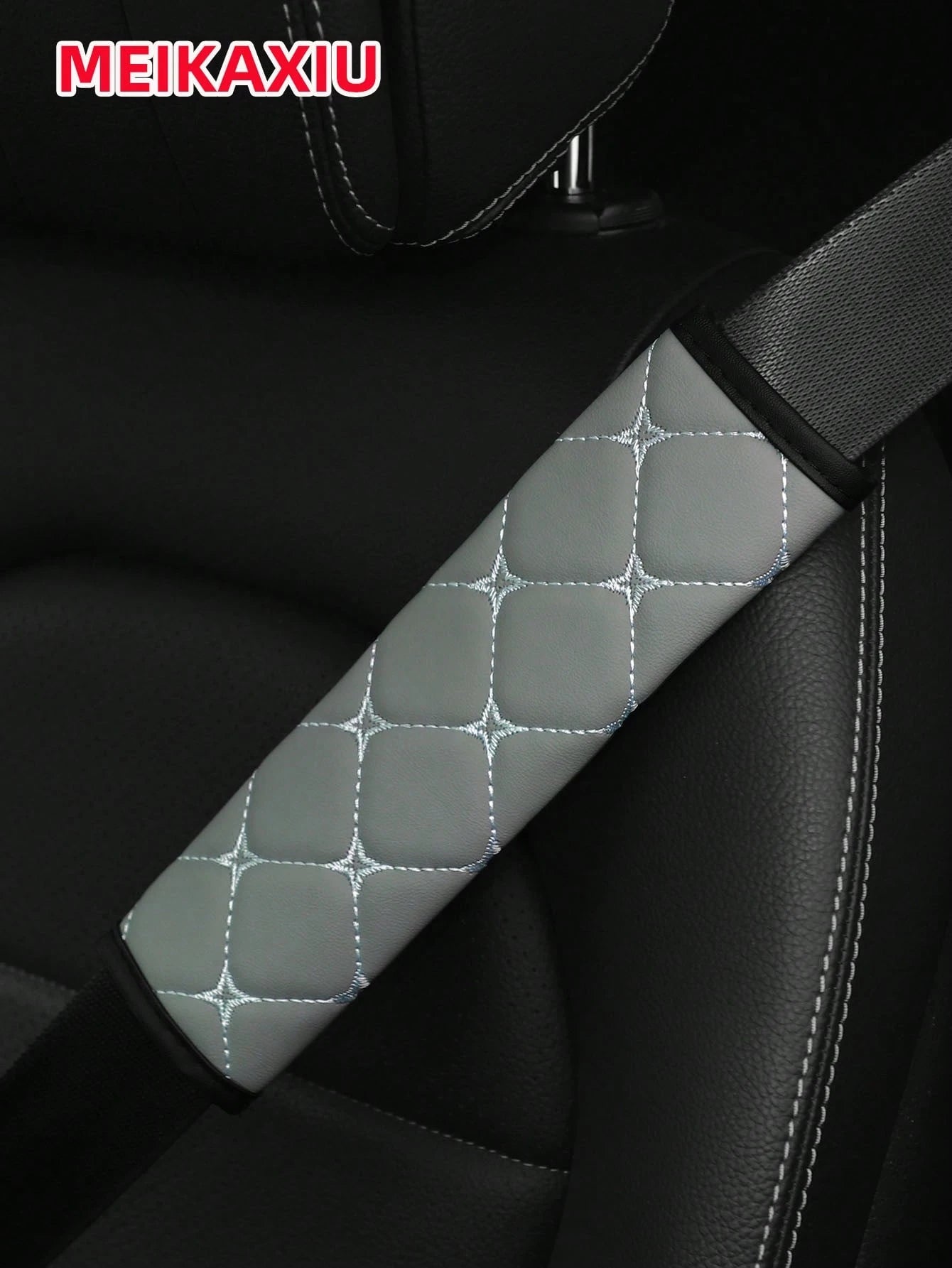 MEIKAXIU 1pc PU Leather Plaid Embroidered Car Belt Cover, Comfortable Seat Belt Shoulder Pad, Universal For Car, Truck, SUV, 4 Seasons Use For Men And Women