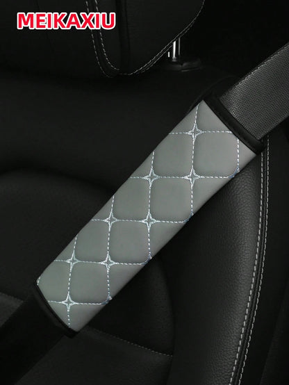 MEIKAXIU 1pc PU Leather Plaid Embroidered Car Belt Cover, Comfortable Seat Belt Shoulder Pad, Universal For Car, Truck, SUV, 4 Seasons Use For Men And Women