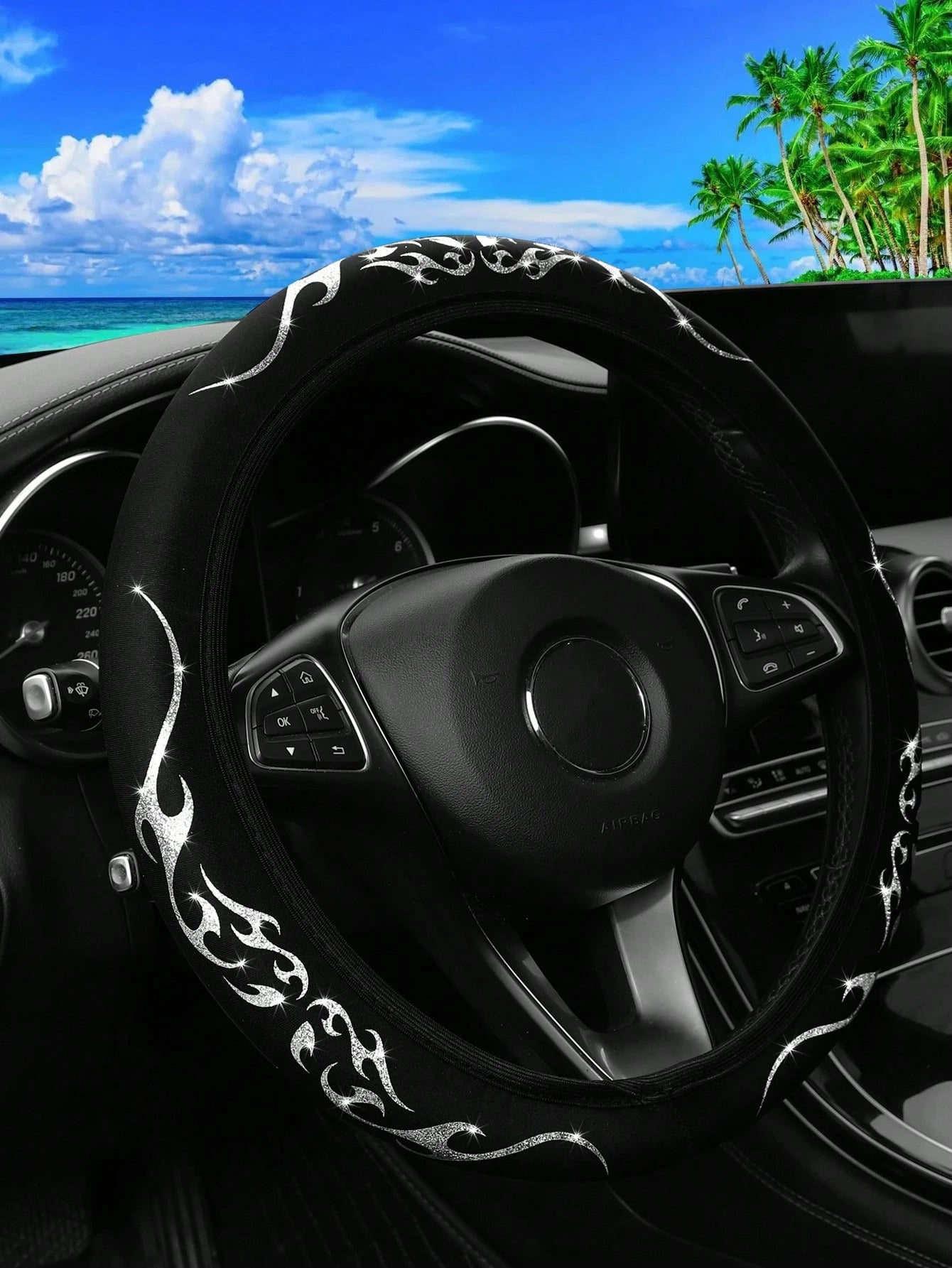 MEIKAXIU 1pc Sparkling Bling-Bling Flame Patterned Dynamic Textile Waterproof & Anti-Slip Car Steering Wheel Cover, Suitable For 14.5-15 Inches Car Accessories