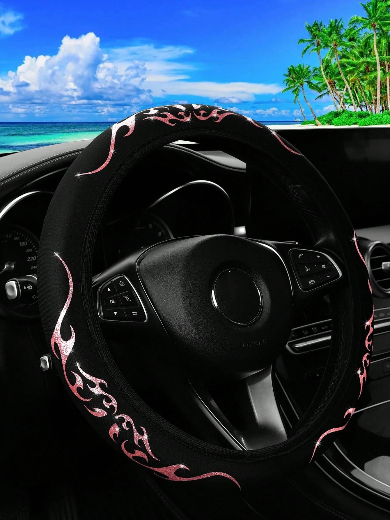 MEIKAXIU 1pc Sparkling Bling-Bling Flame Patterned Dynamic Textile Waterproof & Anti-Slip Car Steering Wheel Cover, Suitable For 14.5-15 Inches Car Accessories