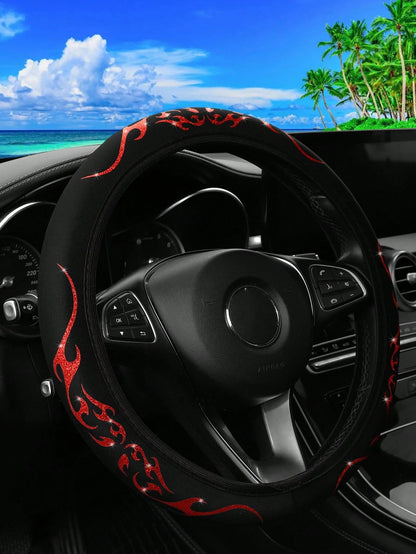 MEIKAXIU 1pc Sparkling Bling-Bling Flame Patterned Dynamic Textile Waterproof & Anti-Slip Car Steering Wheel Cover, Suitable For 14.5-15 Inches Car Accessories