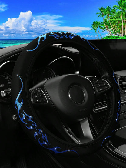 MEIKAXIU 1pc Sparkling Bling-Bling Flame Patterned Dynamic Textile Waterproof & Anti-Slip Car Steering Wheel Cover, Suitable For 14.5-15 Inches Car Accessories