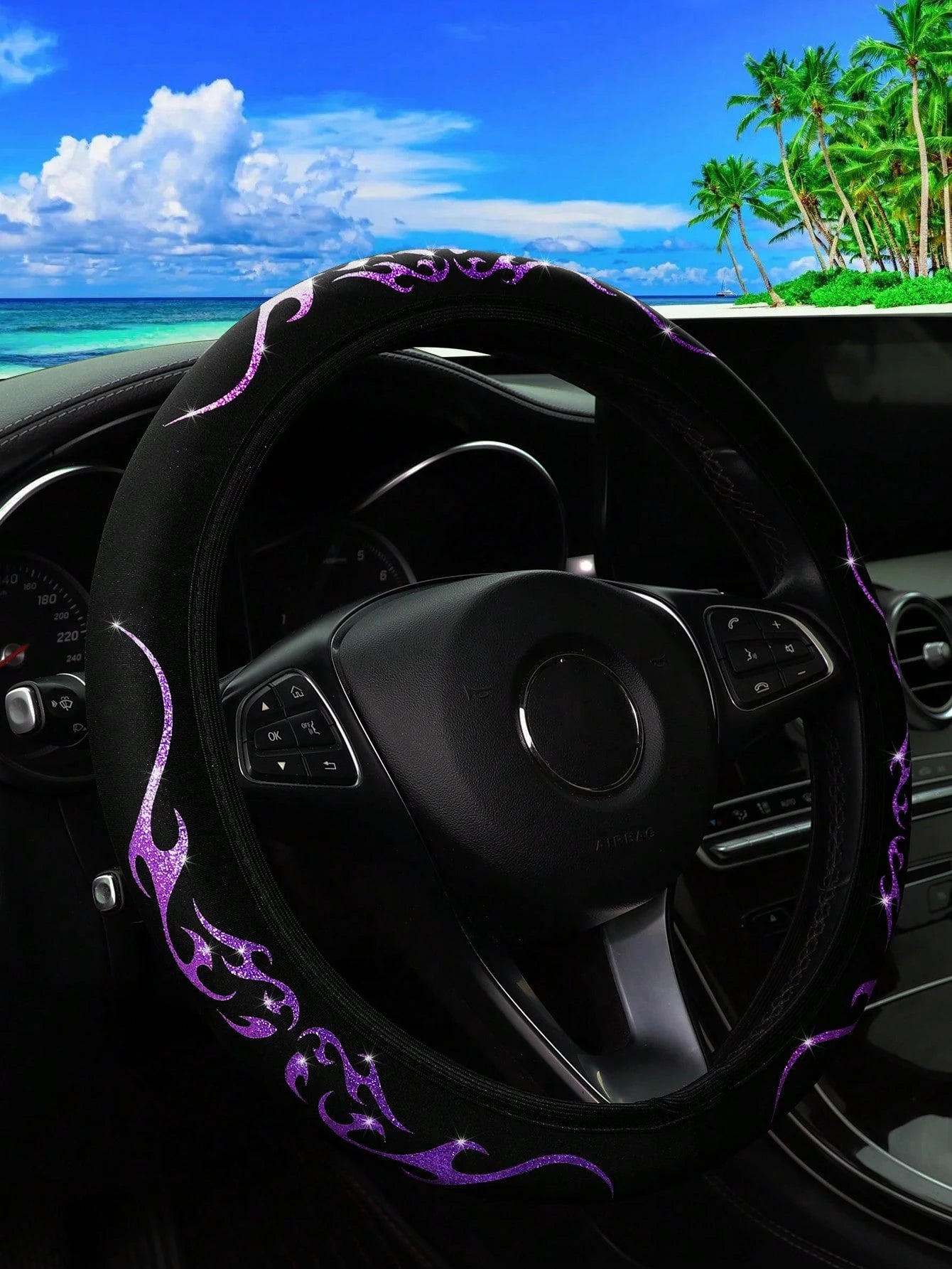 MEIKAXIU 1pc Sparkling Bling-Bling Flame Patterned Dynamic Textile Waterproof & Anti-Slip Car Steering Wheel Cover, Suitable For 14.5-15 Inches Car Accessories
