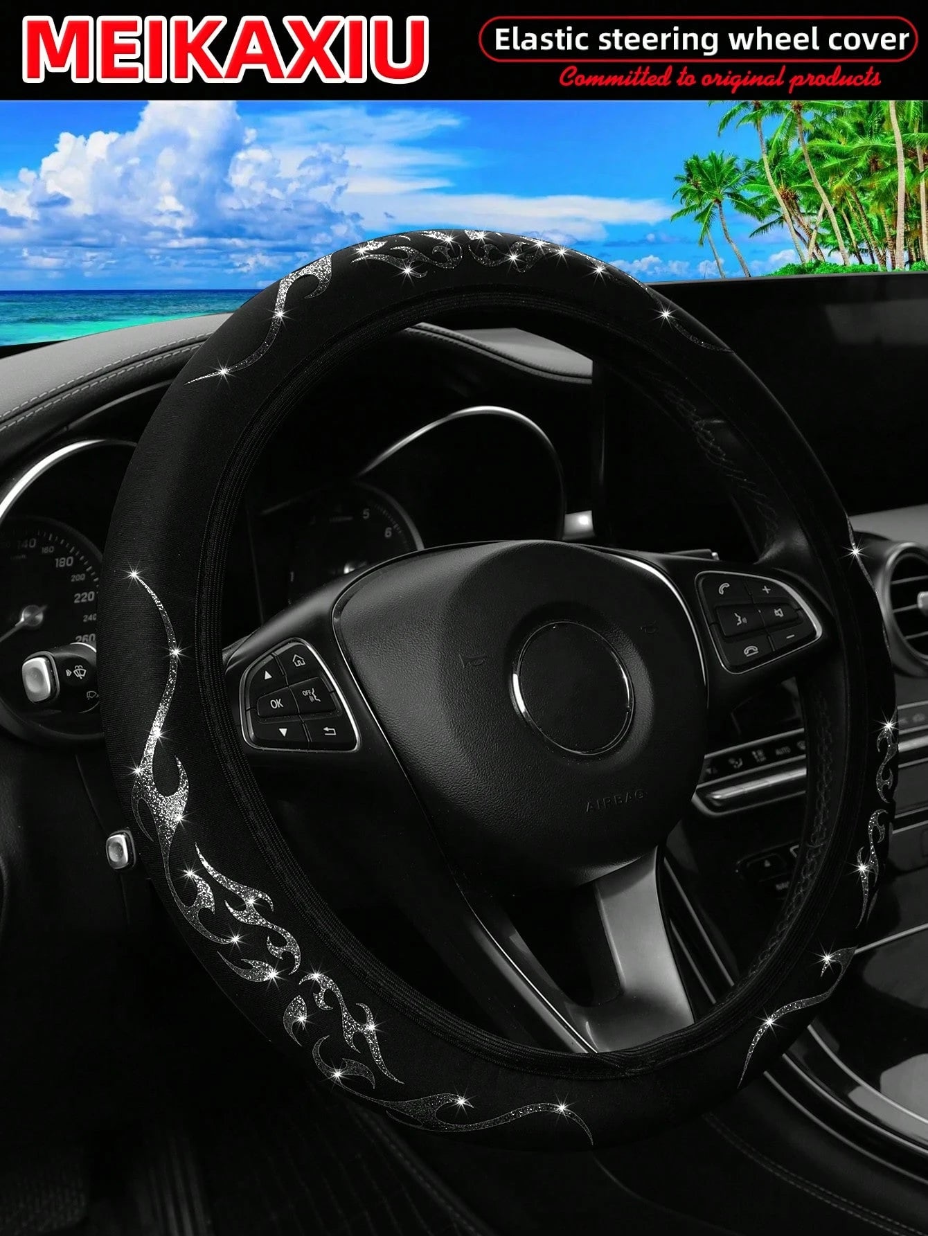 MEIKAXIU 1pc Sparkling Bling-Bling Flame Patterned Dynamic Textile Waterproof & Anti-Slip Car Steering Wheel Cover, Suitable For 14.5-15 Inches Car Accessories
