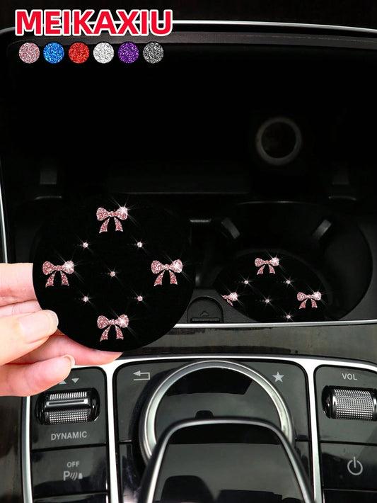 MEIKAXIU 2pcs Sparkling Bowknot Blingbling Pair, Cute Pink Car Cup Holder Coaster, Non-Slip Car Interior Accessories For Girls