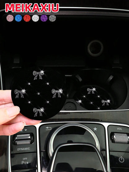 MEIKAXIU 2pcs Sparkling Bowknot Blingbling Pair, Cute Pink Car Cup Holder Coaster, Non-Slip Car Interior Accessories For Girls