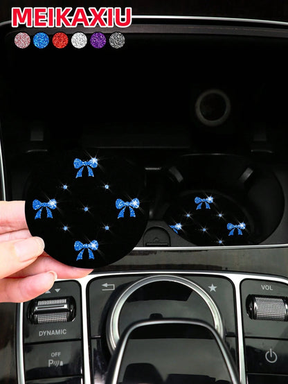 MEIKAXIU 2pcs Sparkling Bowknot Blingbling Pair, Cute Pink Car Cup Holder Coaster, Non-Slip Car Interior Accessories For Girls
