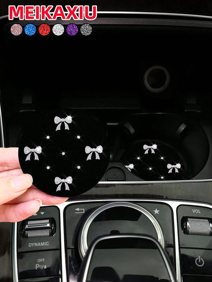 MEIKAXIU 2pcs Sparkling Bowknot Blingbling Pair, Cute Pink Car Cup Holder Coaster, Non-Slip Car Interior Accessories For Girls