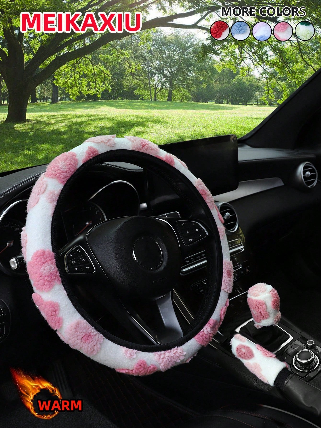 MEIKAXIU 3pcs/Set Cute Floral Plush Steering Wheel Cover, Warm & Comfortable Anti-Freeze Winter Car Decor Accessories, Fits 14.5-15 Inch Steering Wheel, Unisex,Car Acessesories