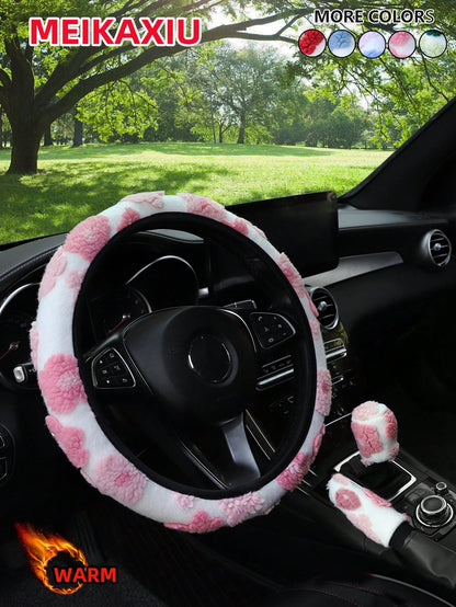 MEIKAXIU 3pcs/Set Cute Floral Plush Steering Wheel Cover, Warm & Comfortable Anti-Freeze Winter Car Decor Accessories, Fits 14.5-15 Inch Steering Wheel, Unisex,Car Acessesories
