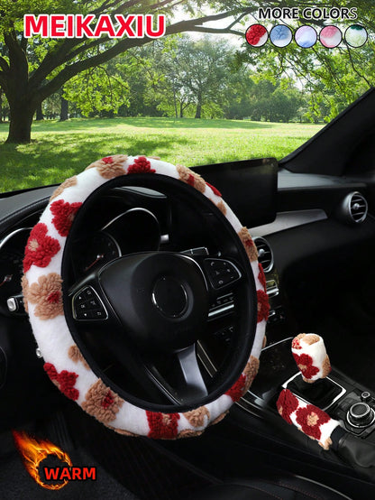 MEIKAXIU 3pcs/Set Cute Floral Plush Steering Wheel Cover, Warm & Comfortable Anti-Freeze Winter Car Decor Accessories, Fits 14.5-15 Inch Steering Wheel, Unisex,Car Acessesories