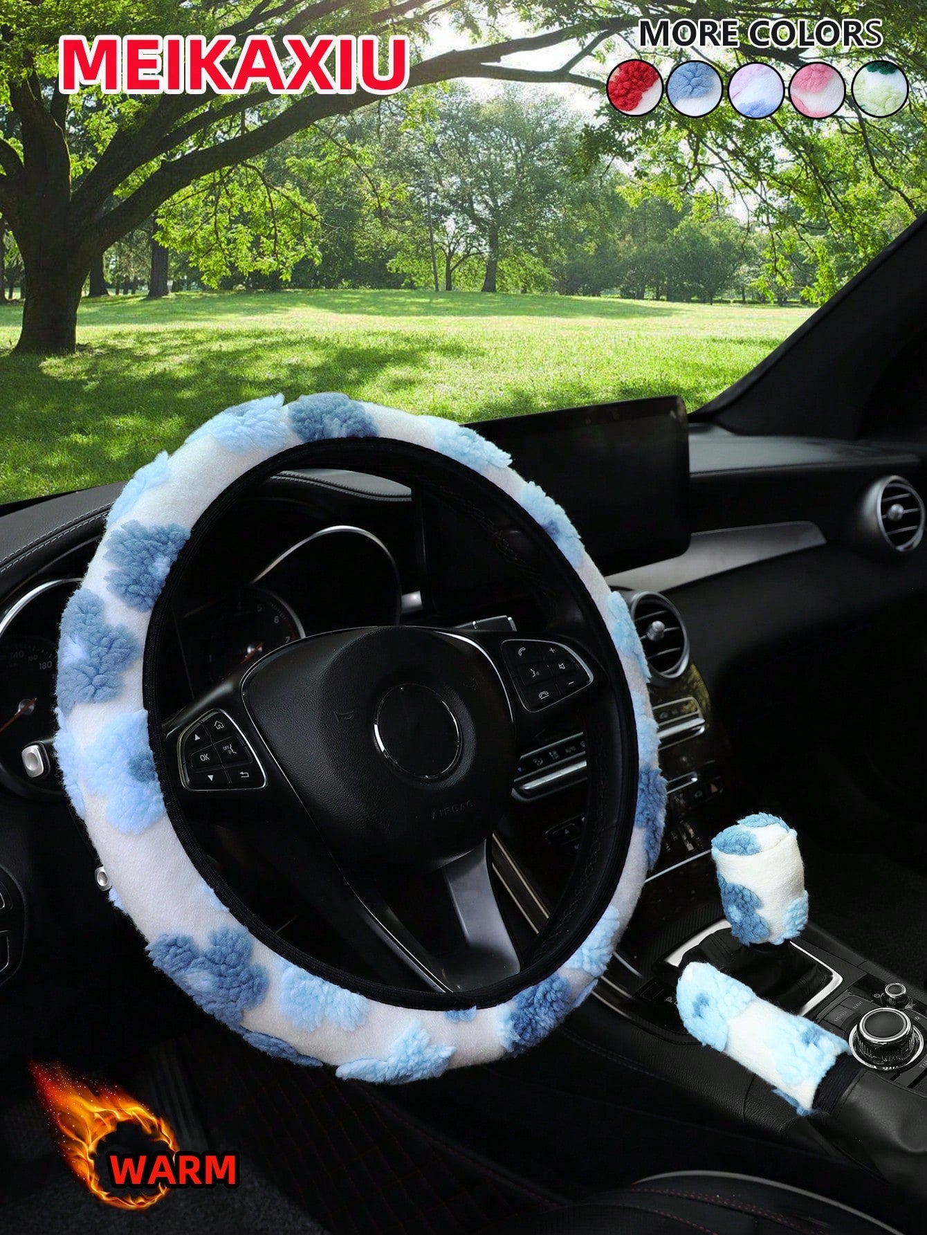 MEIKAXIU 3pcs/Set Cute Floral Plush Steering Wheel Cover, Warm & Comfortable Anti-Freeze Winter Car Decor Accessories, Fits 14.5-15 Inch Steering Wheel, Unisex,Car Acessesories