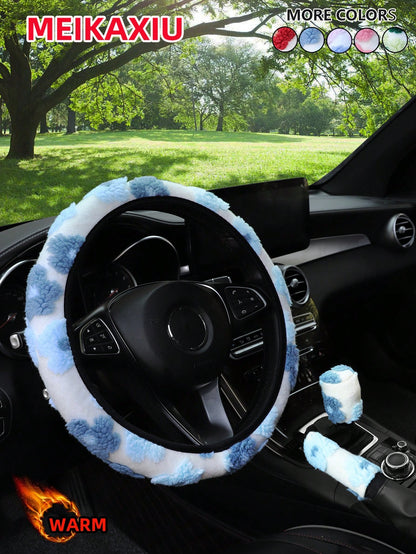 MEIKAXIU 3pcs/Set Cute Floral Plush Steering Wheel Cover, Warm & Comfortable Anti-Freeze Winter Car Decor Accessories, Fits 14.5-15 Inch Steering Wheel, Unisex,Car Acessesories