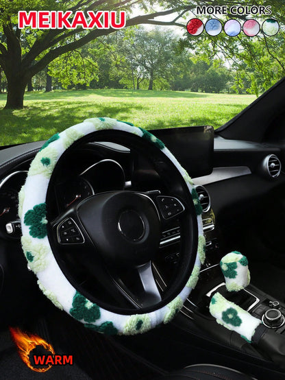 MEIKAXIU 3pcs/Set Cute Floral Plush Steering Wheel Cover, Warm & Comfortable Anti-Freeze Winter Car Decor Accessories, Fits 14.5-15 Inch Steering Wheel, Unisex,Car Acessesories