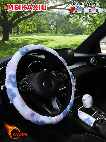 MEIKAXIU 3pcs/Set Cute Floral Plush Steering Wheel Cover, Warm & Comfortable Anti-Freeze Winter Car Decor Accessories, Fits 14.5-15 Inch Steering Wheel, Unisex,Car Acessesories