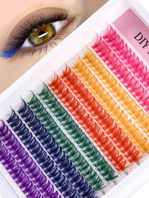 MEM 240Pcs 14mm Rainbow D-Curl Colored Lash Clusters With 6 Mixed Shades, Soft Lightweight Reusable Segmented False Eyelashes. Suitable For Beginners To Use At Home Or Travel, Perfect For Daily, Party