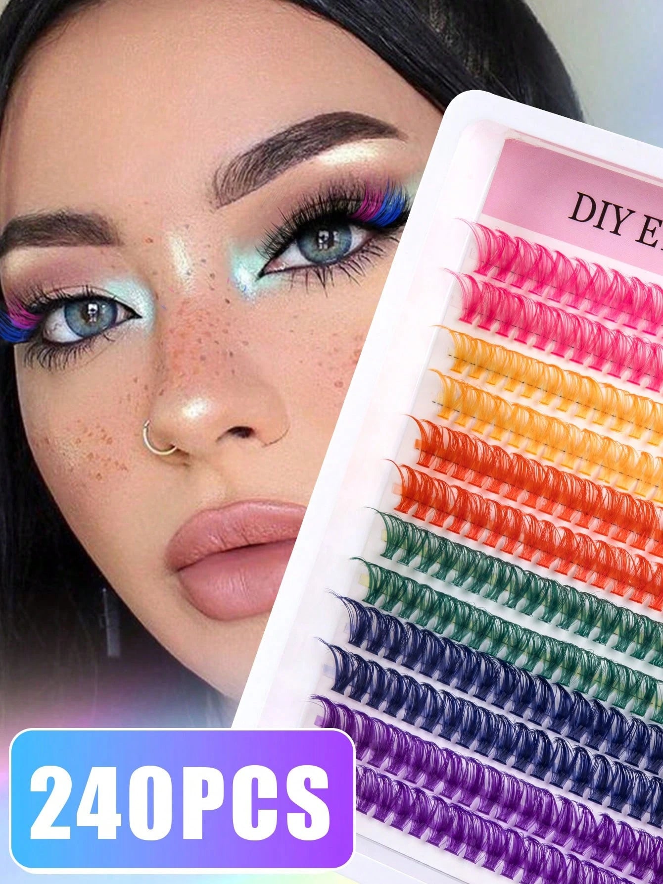 MEM 240Pcs 14mm Rainbow D-Curl Colored Lash Clusters With 6 Mixed Shades, Soft Lightweight Reusable Segmented False Eyelashes. Suitable For Beginners To Use At Home Or Travel, Perfect For Daily, Party