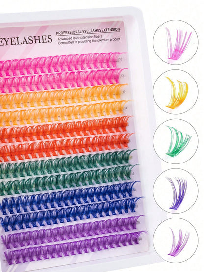 MEM 240Pcs 14mm Rainbow D-Curl Colored Lash Clusters With 6 Mixed Shades, Soft Lightweight Reusable Segmented False Eyelashes. Suitable For Beginners To Use At Home Or Travel, Perfect For Daily, Party