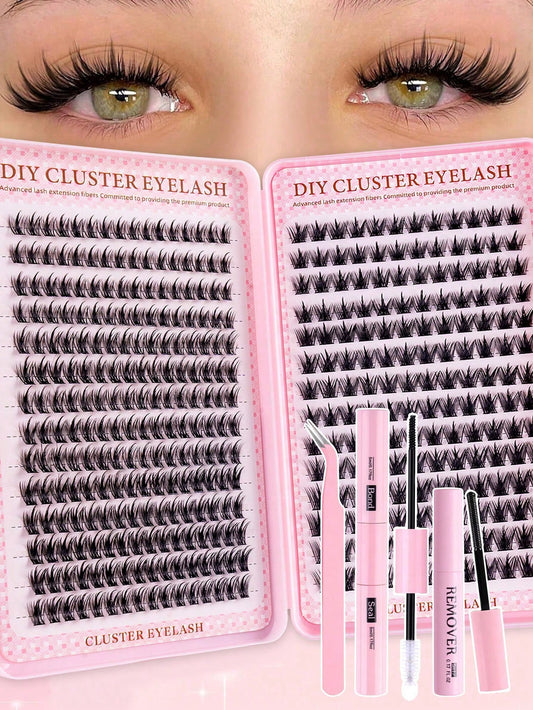 MEM 392pcs D-Type Curled Cluster Lashes, 8-16mm Mixed Length Thick Soft Fluffy Lashes, Pink Base Card Y2K Butterfly Style, DIY Home Grafting Kit With Tutorial, Long Lasting For Natural Butterfly Eye M