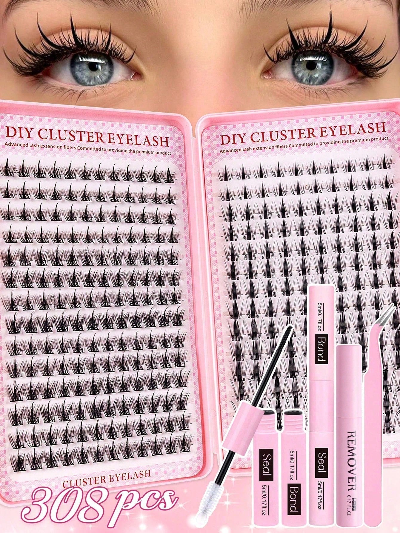 MEM 392pcs D-Type Curled Cluster Lashes, 8-16mm Mixed Length Thick Soft Fluffy Lashes, Pink Base Card Y2K Butterfly Style, DIY Home Grafting Kit With Tutorial, Long Lasting For Natural Butterfly Eye M
