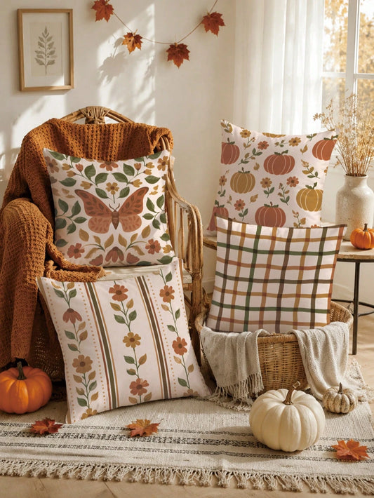 MEMNUN 4pcs Warm Brown Autumn Floral Maple Leaf Print Pillow Covers [No Pillow Insert] 40*40cm/45*45cm/50*50cm [Single-Sided Print] Made Of Polyester Material Butterfly Pumpkin Vertical Stripe Floral