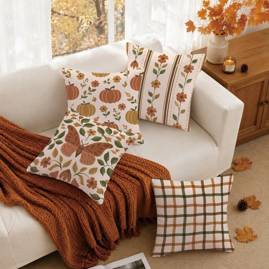 MEMNUN 4pcs Warm Brown Autumn Floral Maple Leaf Print Pillow Covers [No Pillow Insert] 40*40cm/45*45cm/50*50cm [Single-Sided Print] Made Of Polyester Material Butterfly Pumpkin Vertical Stripe Floral
