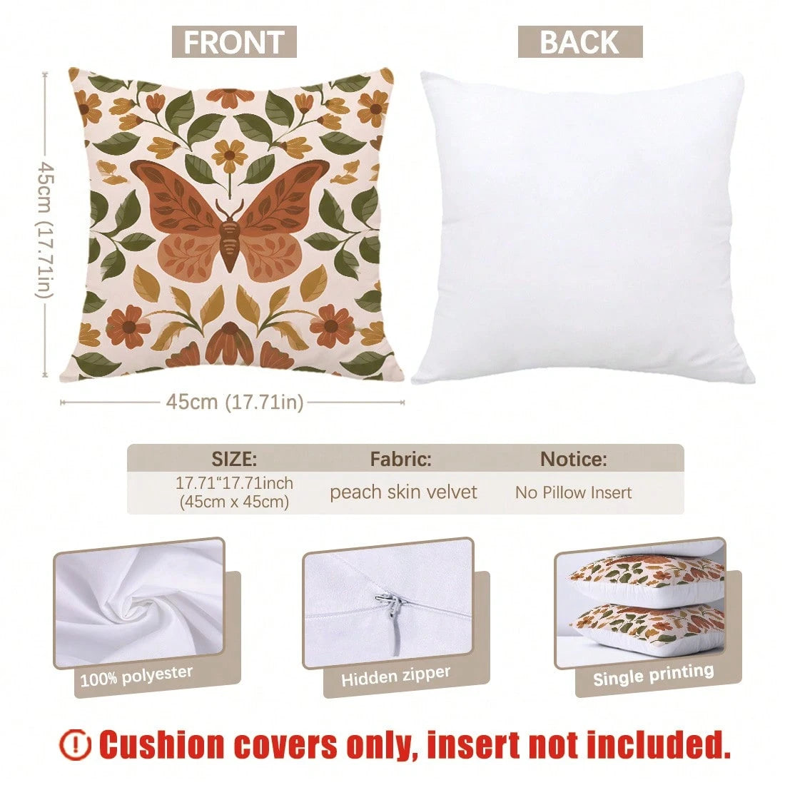 MEMNUN 4pcs Warm Brown Autumn Floral Maple Leaf Print Pillow Covers [No Pillow Insert] 40*40cm/45*45cm/50*50cm [Single-Sided Print] Made Of Polyester Material Butterfly Pumpkin Vertical Stripe Floral