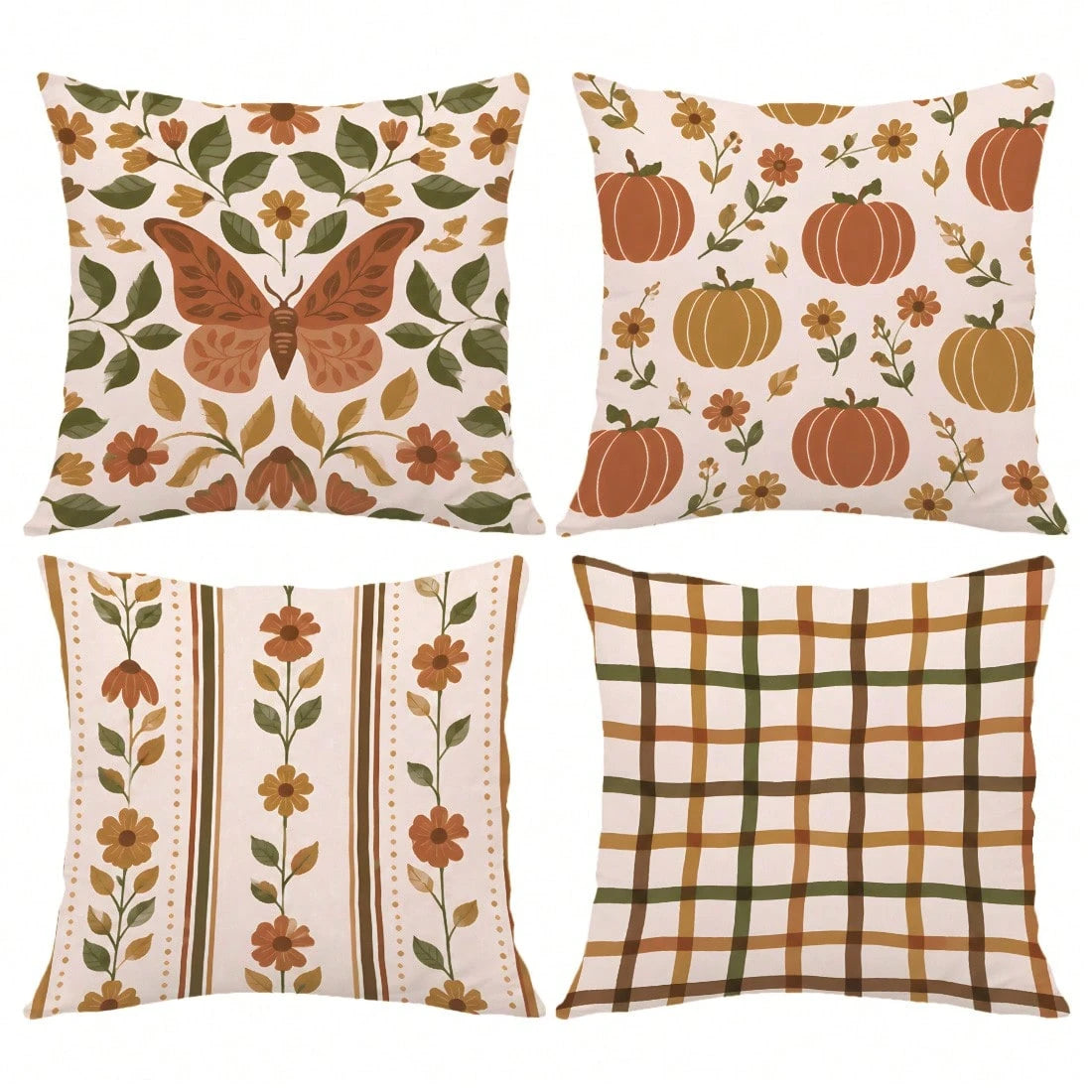 MEMNUN 4pcs Warm Brown Autumn Floral Maple Leaf Print Pillow Covers [No Pillow Insert] 40*40cm/45*45cm/50*50cm [Single-Sided Print] Made Of Polyester Material Butterfly Pumpkin Vertical Stripe Floral