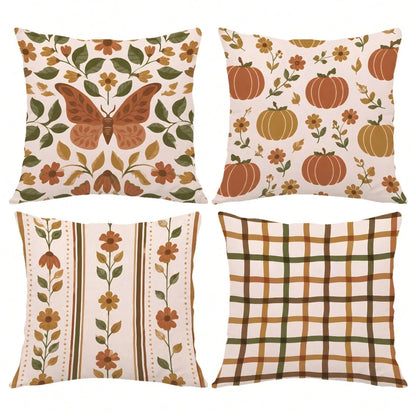 MEMNUN 4pcs Warm Brown Autumn Floral Maple Leaf Print Pillow Covers [No Pillow Insert] 40*40cm/45*45cm/50*50cm [Single-Sided Print] Made Of Polyester Material Butterfly Pumpkin Vertical Stripe Floral