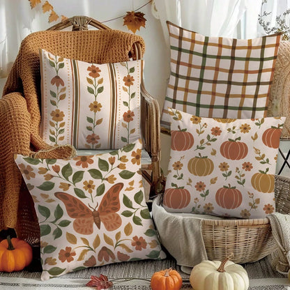 MEMNUN 4pcs Warm Brown Autumn Floral Maple Leaf Print Pillow Covers [No Pillow Insert] 40*40cm/45*45cm/50*50cm [Single-Sided Print] Made Of Polyester Material Butterfly Pumpkin Vertical Stripe Floral
