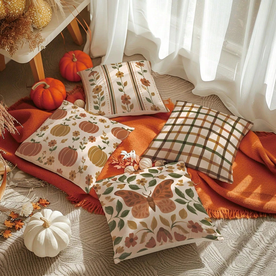 MEMNUN 4pcs Warm Brown Autumn Floral Maple Leaf Print Pillow Covers [No Pillow Insert] 40*40cm/45*45cm/50*50cm [Single-Sided Print] Made Of Polyester Material Butterfly Pumpkin Vertical Stripe Floral