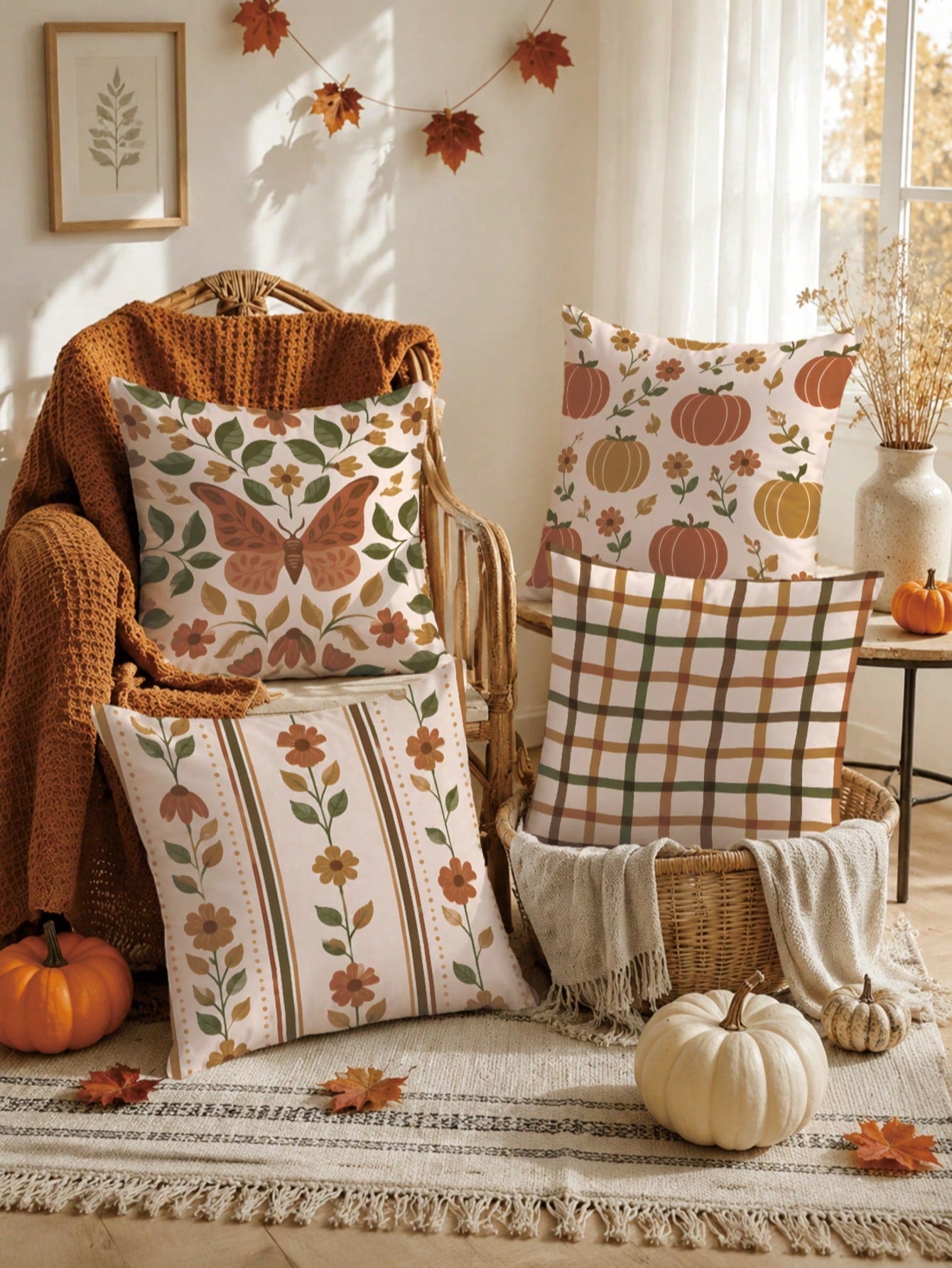 MEMNUN 4pcs Warm Brown Autumn Floral Maple Leaf Print Pillow Covers [No Pillow Insert] 40*40cm/45*45cm/50*50cm [Single-Sided Print] Made Of Polyester Material Butterfly Pumpkin Vertical Stripe Floral