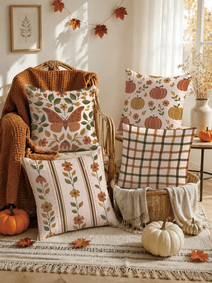 MEMNUN 4pcs Warm Brown Autumn Floral Maple Leaf Print Pillow Covers [No Pillow Insert] 40*40cm/45*45cm/50*50cm [Single-Sided Print] Made Of Polyester Material Butterfly Pumpkin Vertical Stripe Floral