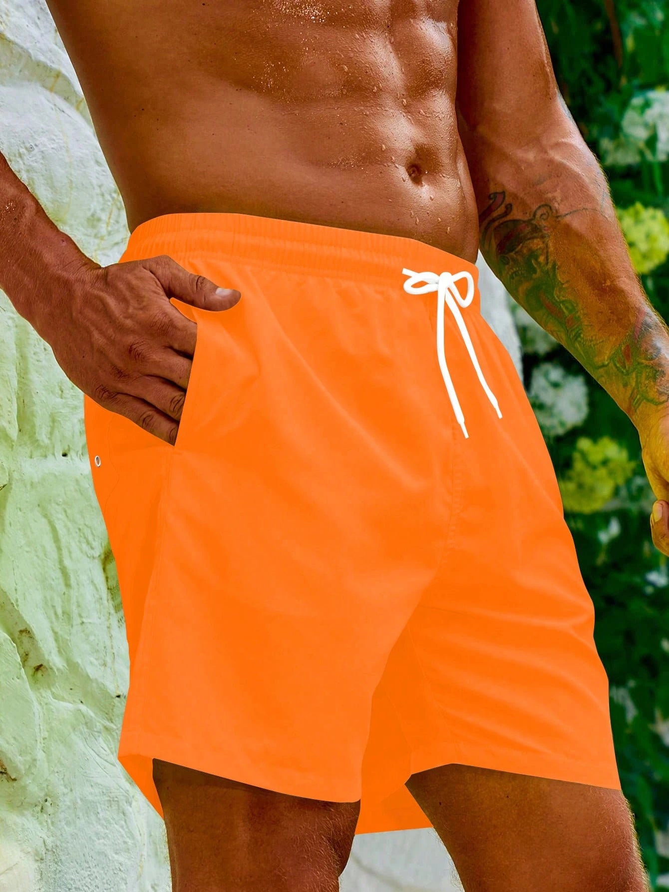 Men Drawstring Waist Slant Pocket Swim Trunks, Hawaiian, Holiday