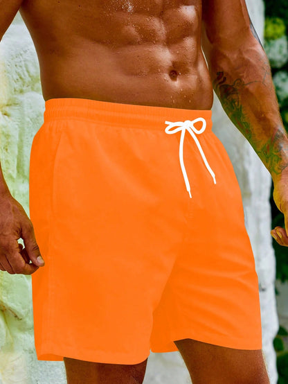 Men Drawstring Waist Slant Pocket Swim Trunks, Hawaiian, Holiday