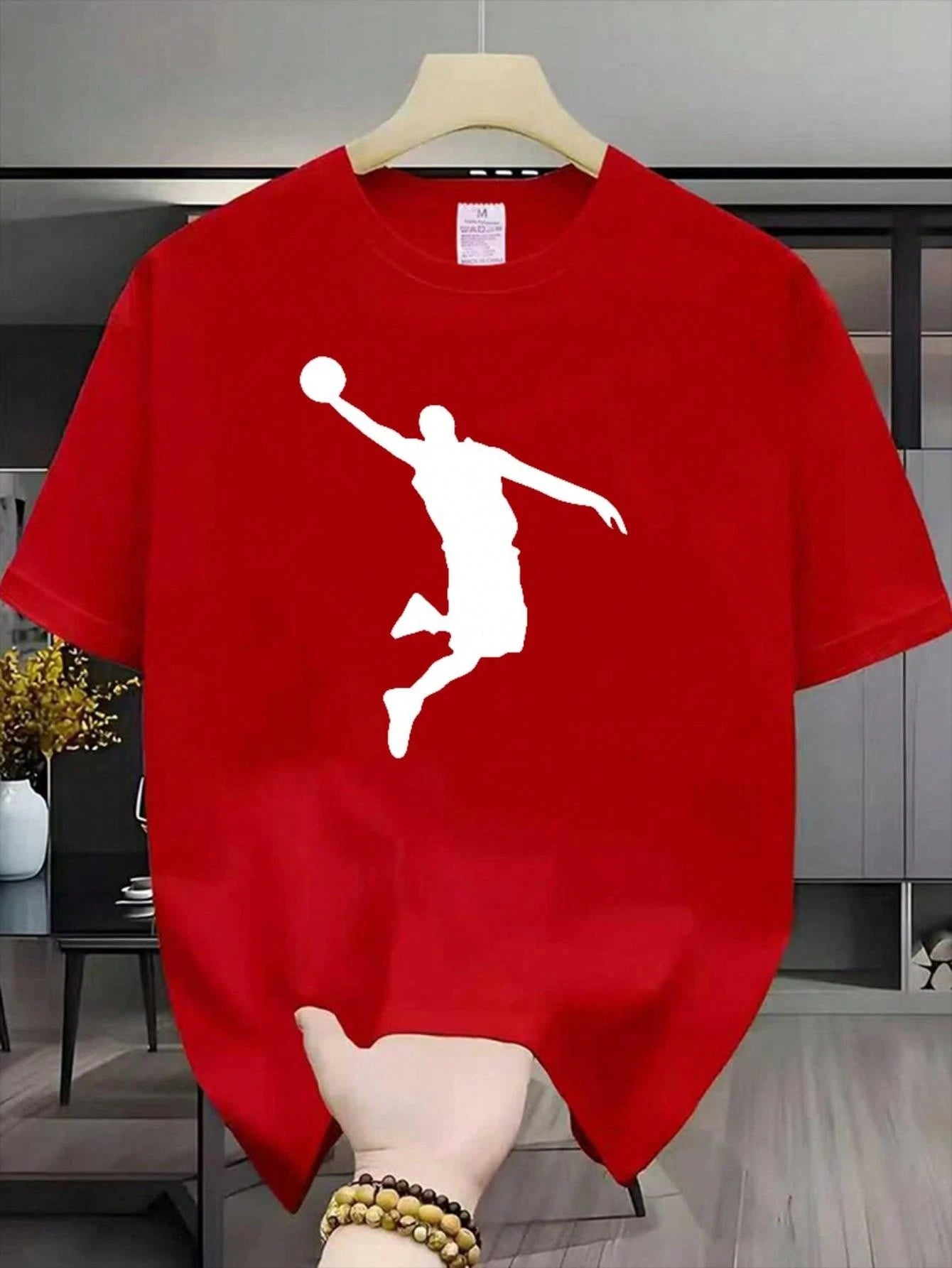 Men's Basketball Player Silhouette Graphic T-Shirt, Minimalist Dunk Print Casual Crew Neck Short Sleeve Tee Game Day Sports Enthusiast Gift