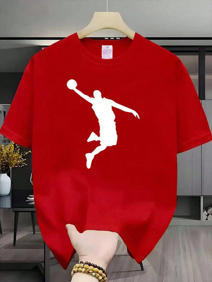 Men's Basketball Player Silhouette Graphic T-Shirt, Minimalist Dunk Print Casual Crew Neck Short Sleeve Tee Game Day Sports Enthusiast Gift