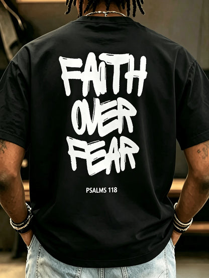 Men's Cotton Oversized Graphic Tee With Bold"Faith Over Fear"Print, Classic Crew Neck & Loose Y2K Hip-Hop Streetwear Fit.Versatile Casual Daily Top