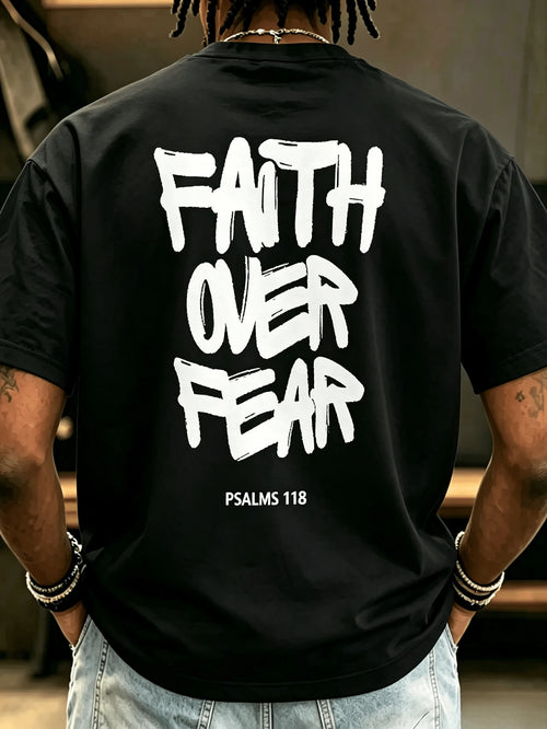 Men's Cotton Oversized Graphic Tee With Bold"Faith Over Fear"Print, Classic Crew Neck & Loose Y2K Hip-Hop Streetwear Fit.Versatile Casual Daily Top