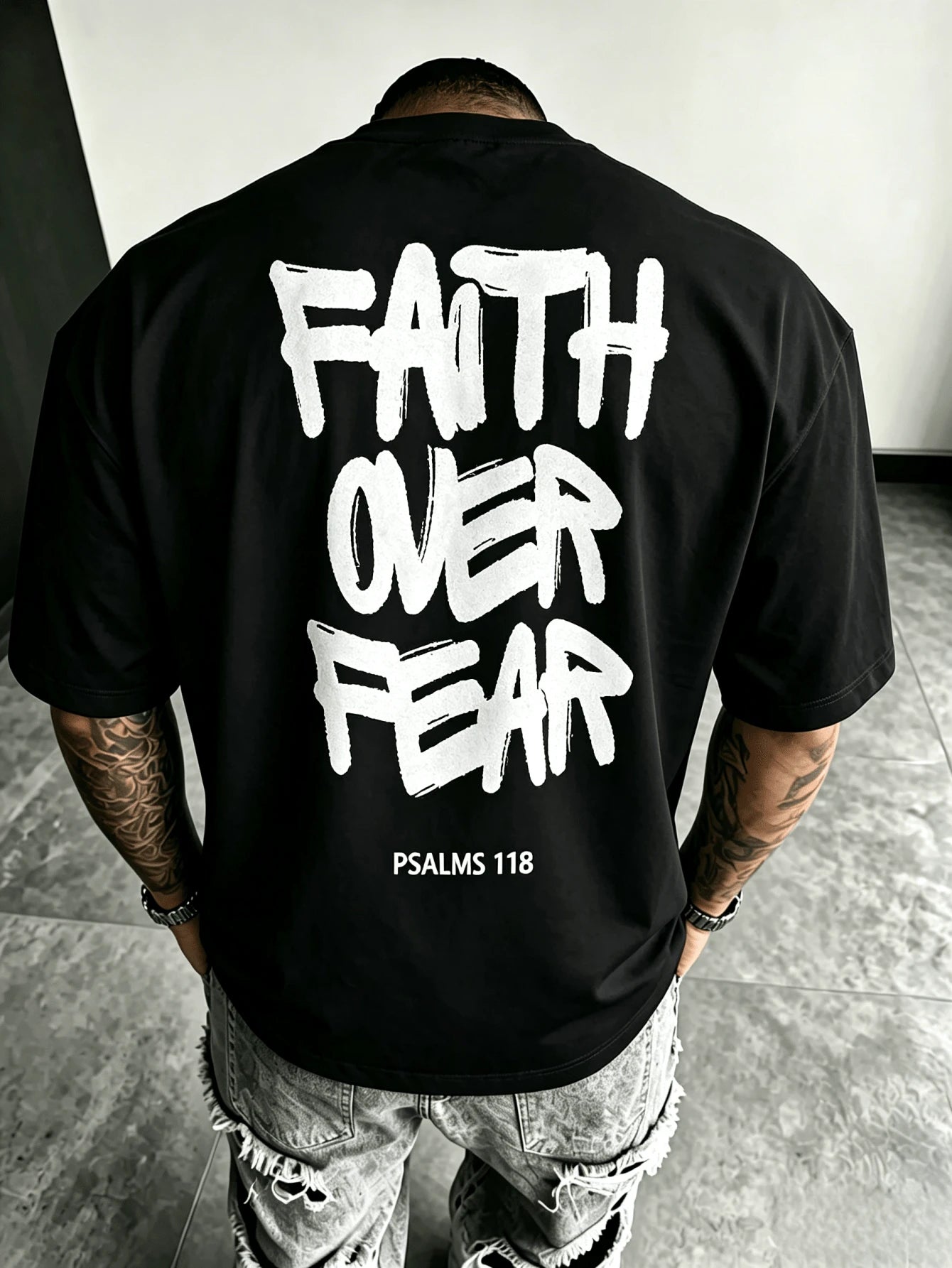Men's Cotton Oversized Graphic Tee With Bold"Faith Over Fear"Print, Classic Crew Neck & Loose Y2K Hip-Hop Streetwear Fit.Versatile Casual Daily Top
