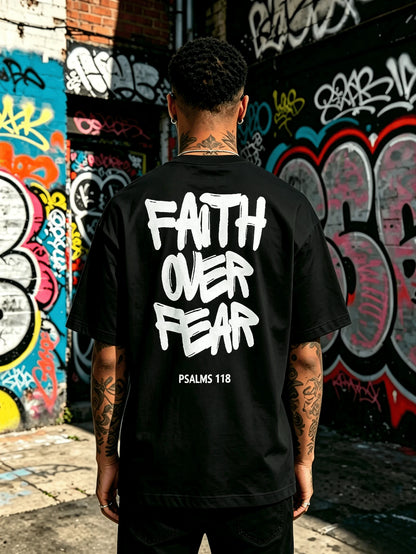 Men's Cotton Oversized Graphic Tee With Bold"Faith Over Fear"Print, Classic Crew Neck & Loose Y2K Hip-Hop Streetwear Fit.Versatile Casual Daily Top